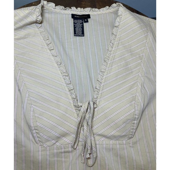 BCBG MaxAzria Womens Blouse Top Tan Stripes Ruffle Sleeve Edge Shirt Size 10 - Picture 10 of 13